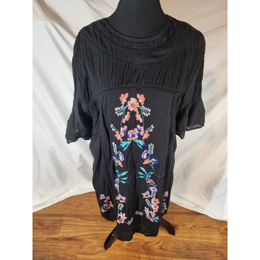 Free People Black Mini Dress with Multicolor Floral Embroidery